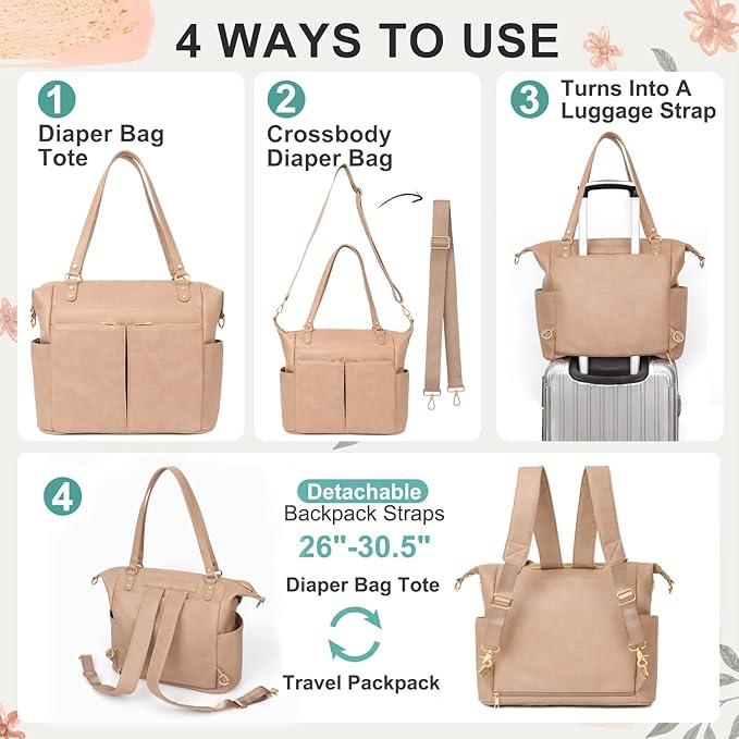 MOMINSIDE Diaper Bag Tote, Leather Diaper Bag Backpack with 14 Pockets, Convertible Baby Bag for Boys Girls, Baby Registry, Changing Pad, Large 4 Insulated Pockets (Camel)