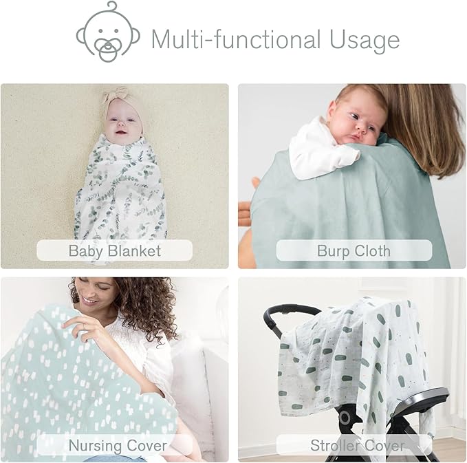 Little Grape Land Muslin Swaddle Blankets 47''x47'' 4 Pack, 100% Cotton Large Size Baby Swaddles for Newborn, Soft Breathable Baby Blankets for Newborns, Green