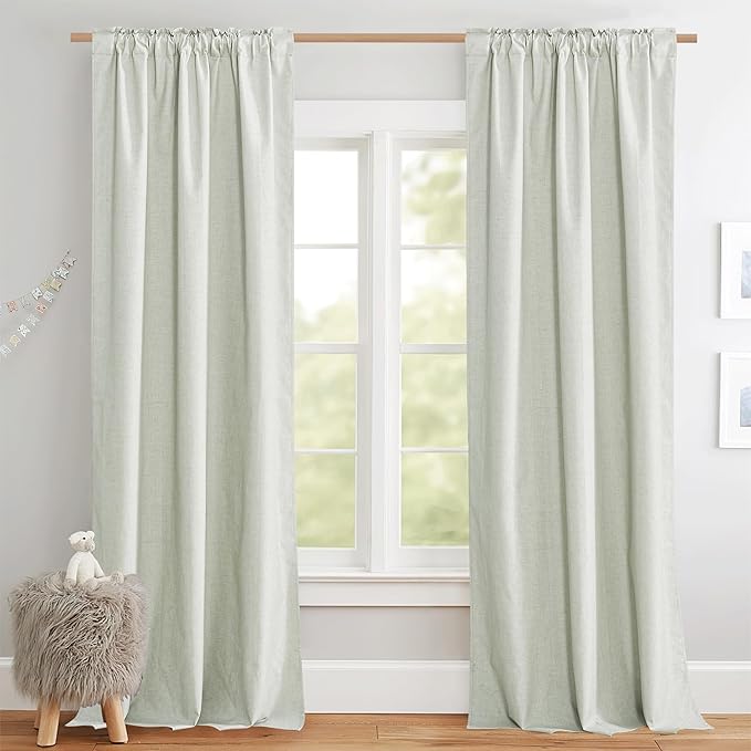 NICETOWN 100% Blackout Sage Green Linen Curtains 90" Length with Thermal Insulated Liners, Farmhouse Style Room Cooling Small Window Draperies for Dining Room (2 Panels, 52" W)