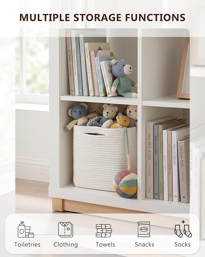 Cube Storage Bin 11" x 10.5" x 10.5" Cotton Rope Basket Square Woven Storage Basket for Shelves, Closet Organizer, Soft Towel Sock Basket, White, 2 Pack