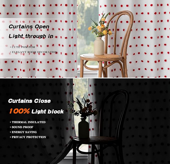 MYSKY HOME Blackout Curtains for Girls Bedroom with Red Pom Pom Sheer 90 Inch Long Total Light Blocking Curtains for Living Room 2 Panels 100% Room Darkening Grommet Double Layer Drapes 52" x 90"