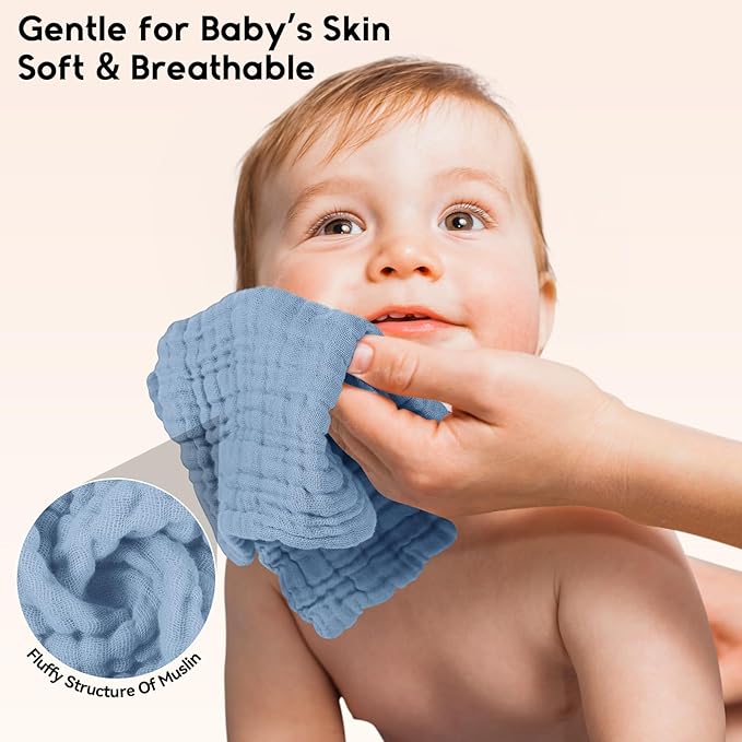 Unnivoll Muslin Baby Washcloths 6 Pack, 100% Cotton Wash Cloths for Babies, Large 12''X12'' Burp Cloths Absorbent and Soft for Newborn Infants Kids Boys Girls - Sapphire Blue