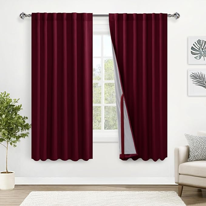 XWZO 100% Blackout Curtains with Tiebacks - Heat and Light Blocking Rod Pocket & Back Tab Window Drapes with Black Liner Backing for Bedroom Sewn with Tiebacks, Burgundy, W52 x L72, Set of 2