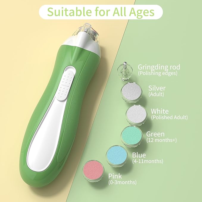 Baby Nail File Electric, Baby Nail Trimmer with 6 Grinding Heads for Newborn, Infant, Toddler & Adult, Whisper Quiet LED Electric Nail Clipper, Usage-Labeled Case