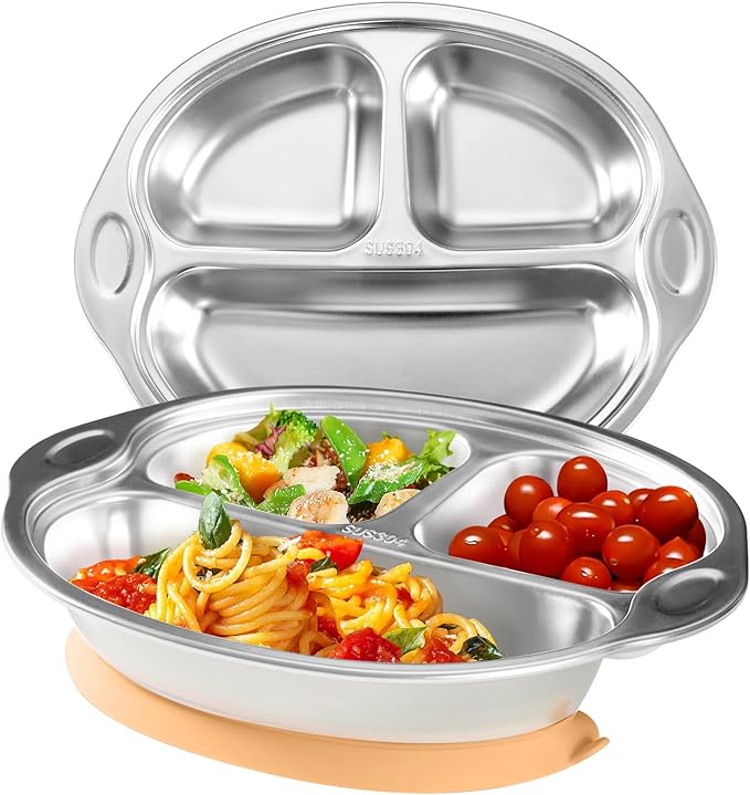 Mrs. Chou Stainless Steel Baby Suction Plates Divided Plates for Babies and Toddlers, Made of 100% Food-Grade Materials Ideal for Baby-Led Weaning BPA-Free Toddler Feeding Dishwasher Safe Orange-pink