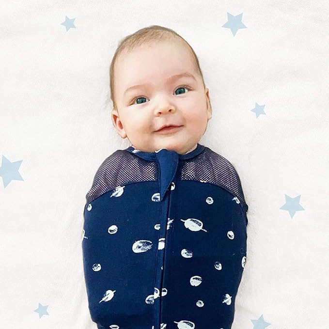 Happiest Baby Sleepea 5-Second Swaddle - 100% Organic Cotton Baby Swaddle Blanket - Doctor Designed Promotes Healthy Hip Development (Midnight Planets, Medium)