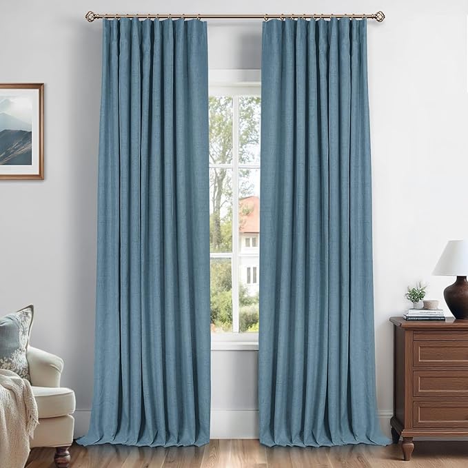 INOVADAY 100% Blackout Curtains for Bedroom, Black Out Curtains 90 Inch Long, Clip Rings Linen Blackout Drapes, Thermal Insulated Room Darkening for Living Room, 2 Panels - Stone Blue, W50xL90