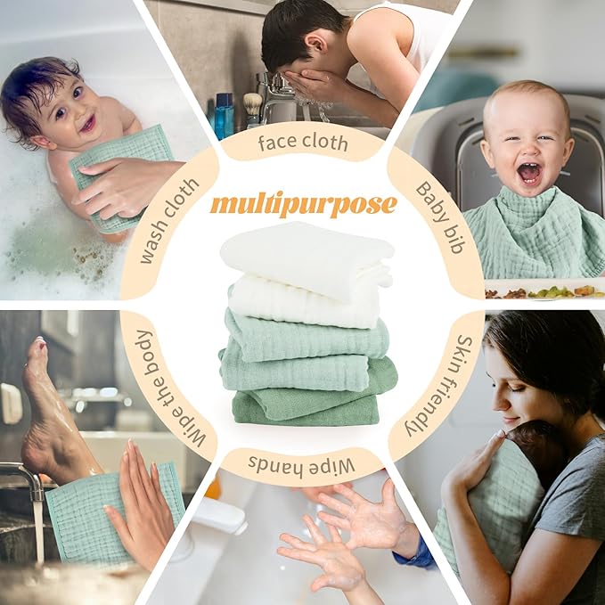 MIGIOL Baby Burp Cloth 100% Cotton Newborn Cotton Muslin Burp Cloth 10x20 inches (White & Green 6 Pieces)