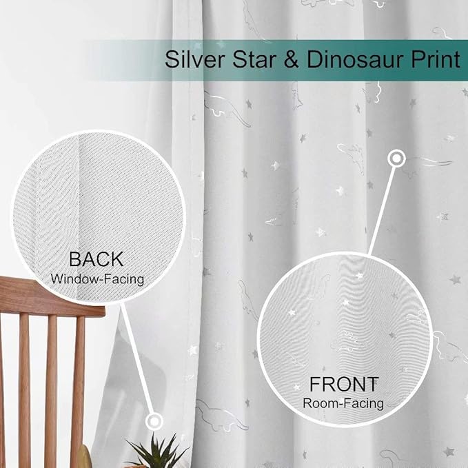 LORDTEX Dinosaur and Star Foil Print Blackout Curtains for Kids Room - Thermal Insulated Curtains Noise Reducing Window Drapes for Boys and Girls Bedroom, 52 x 63 Inch, Greyish White, 2 Panels