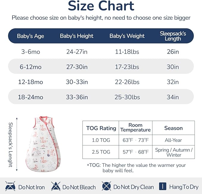 usbettas 1.0 Tog 2.5 Tog Baby Sleep Sack, 100% Cotton Baby Sleeping Bag 3-24M, 2-Way Zipper Baby Wearable Blanket