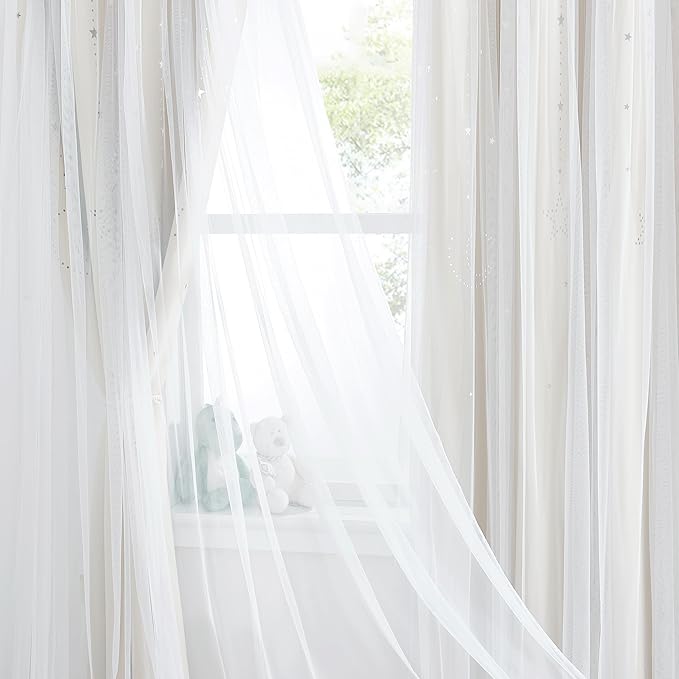 NICETOWN Kids Blackout Curtains for Baby Rooms Girl Princess Curtain for Daughter Bedroom Window Moon and Star Hollout Sliding Door Panel for Living Room (Biscotti Beige, W52 X L84, 1 Panel)