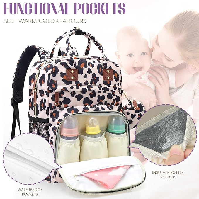 Tuwubi Diaper Bag Backpack, Baby Essentials Travel Tote Bag, Multi function Waterproof Backpacks, Travel Essentials with Stroller Straps & Pacifier Case - Leopard Print
