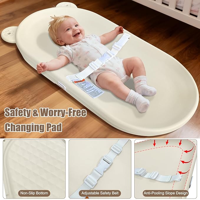 FLEUFAB Baby Changing Pad, EVA Waterproof Non-Slip Changing Table Pad with Adjustable Strap for Dresser Changing Table Nursery, Portable Diaper Changing Pad, Oat