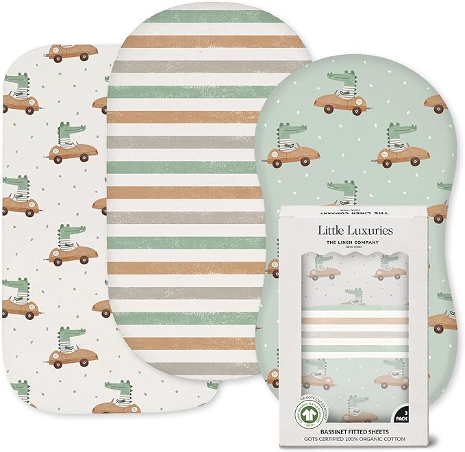 100% Organic Cotton Bassinet Sheets 3-Pack - Fits Baby Delight, Halo Bassinest Swivel Sleeper, Graco & Chicco Bassinet Mattress - Breathable Fitted Bedside Sleeper Sheets for Girls & Boys (33"x17")