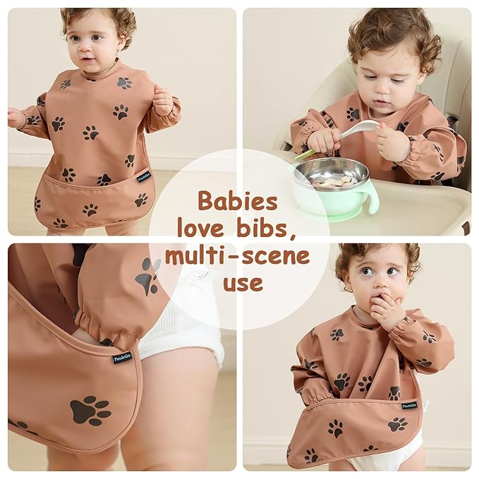 PewinGo Baby Bib with Long Sleeves Bib & BLW, Machine Washable & Soft and Skin-Friendly Material, Coverall Bibs for Baby Feeding, Waterproof and Easy to Clean, for Baby Infant Toddlers (Orange)