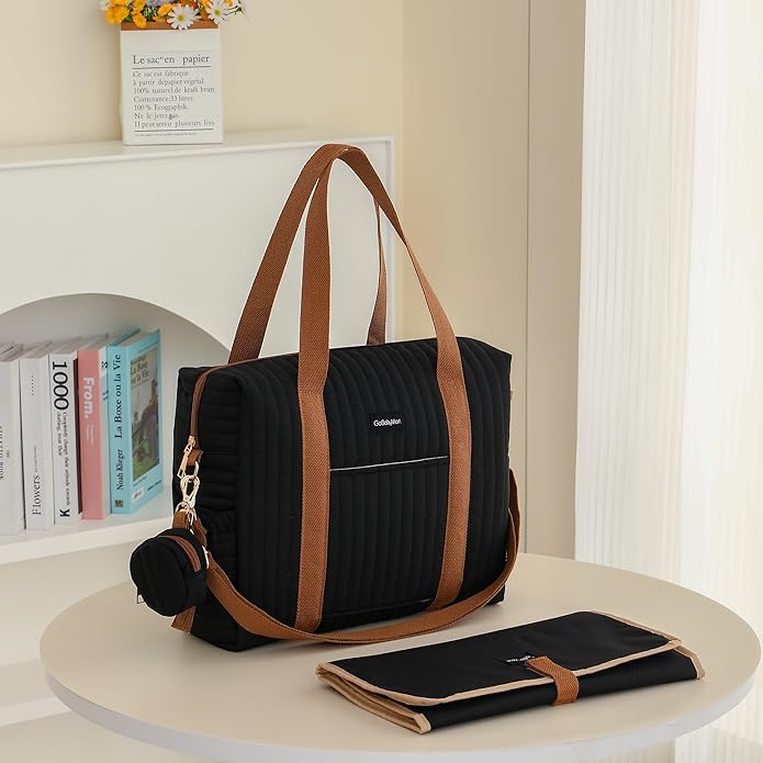 Diaper Bag Tote for Moms, Baby Hospital Bag with Insulated Bottle Pockets, Changing Pad & Stroller Straps