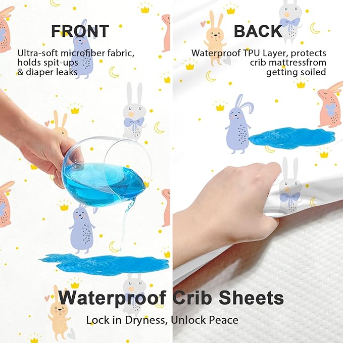 Little Grape Land Waterproof Crib Sheets for Boys Girls, Soft and Breathable Waterproof Baby Crib Sheets 52"x28", Crib Mattress Sheets Neutral for Standard Crib and Toddler Bed Mattress (Rabbit)
