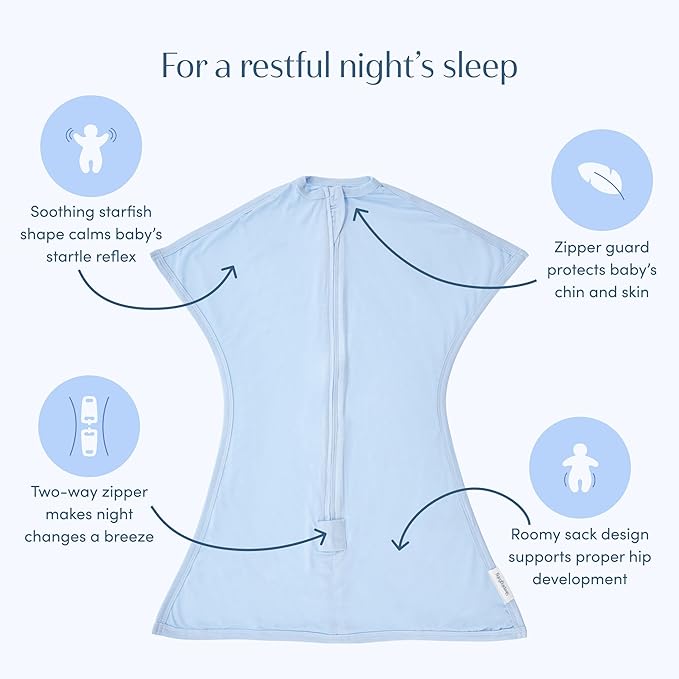 SleepingBaby Bamboo Zipadee-Zip Transition Swaddle – EverSoft Wearable Blanket with Two-Way Zipper for Easy Diaper Changes, X-Small 3-6 months, Sky Blue