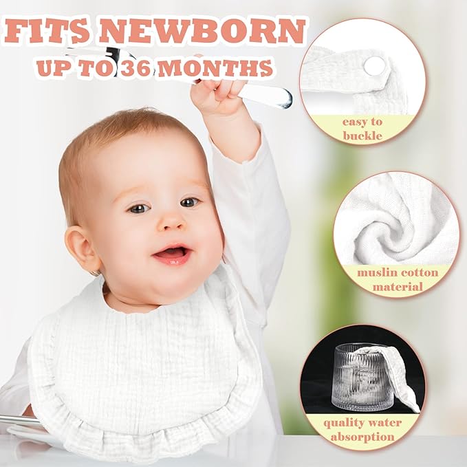 Seematn 10 Pcs Baby Muslin Bibs for Unisex Girls & Boys Drool Bibs Bandana Ruffle Soft Cotton for Newborn Infants Toddlers(White)