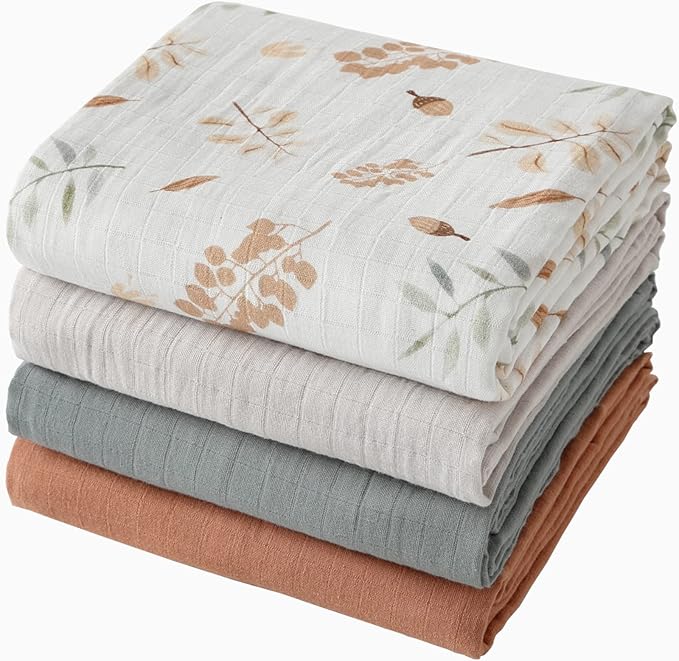 Muslin Swaddle Blankets for Boys & Girls, 4 Pack Receiving Baby Blanket for Newborns, Large 47 x 47 Inches, Soft Breathable Baby Swaddles, Acorn & Earthy Colors