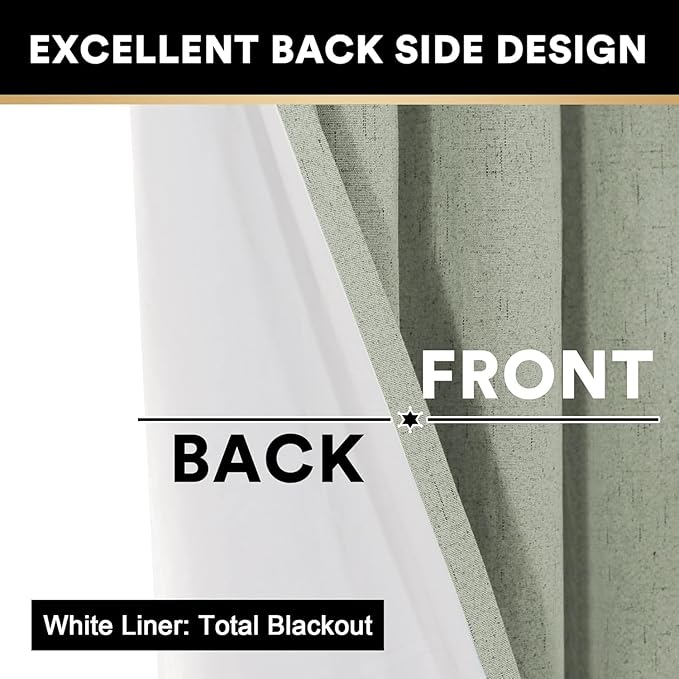 PrinceDeco 100% Blackout Curtains for Bedroom Linen Black Out Curtains for Living Room 102 Inch Long Faux Linen Fabric Grommet Thermal Curtains for Summer Heat with White Liner,52X102 Inch,Sage