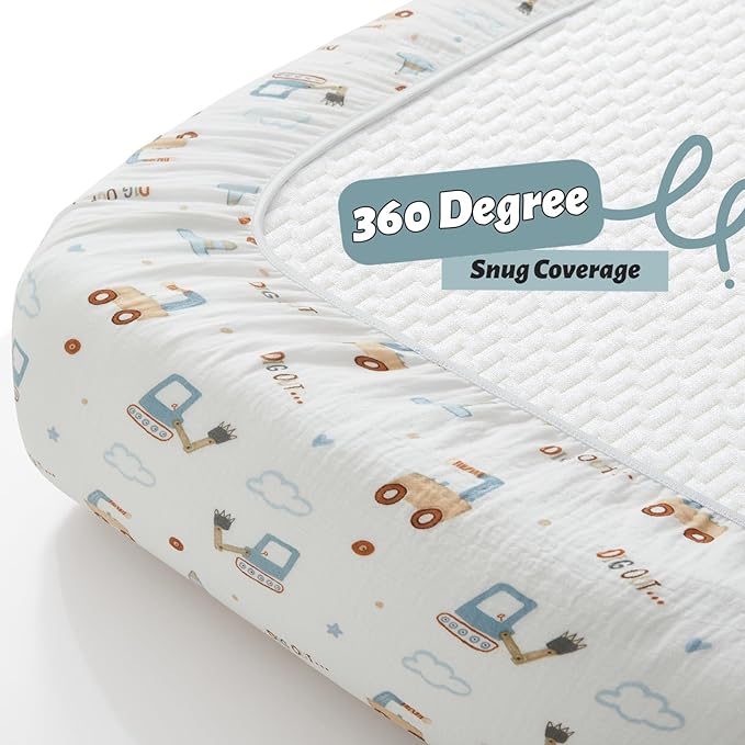 SiinvdaBZX 2 Pack Pack n Play Sheets Boys, Ultra Soft Muslin Cotton Mini Crib Sheets Breathable Toddler Playard Bedding Cover for 38"x27" Portable/Mini Crib Mattresses (2Pcs Construction Trucks)