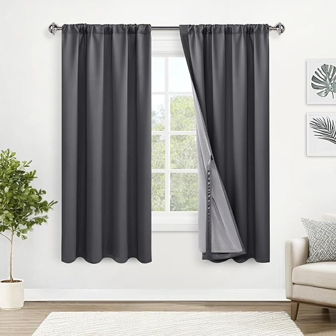 XWZO 100% Blackout Curtain Panels - Rod Pocket & Back Tab Thermal Insulated, Noise Reducing and Heat Blocking Drapes for Hall and Studio Windows with Tiebacks, Dark Grey, W52 x L63, Set of 2