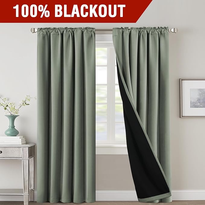 H.VERSAILTEX 100% Blackout Curtains for Bedroom with Black Liner Full Room Darkening Curtains Thermal Insulated Back Tab/Rod Pocket Window Drapes for Living Room, 2 Panels, 42 x 84 Inch, Cyan