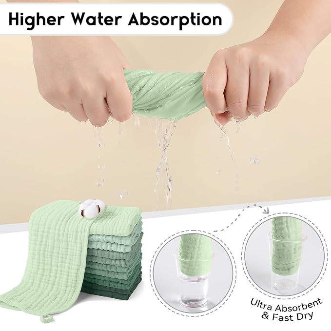 Unnivoll Muslin Burp Cloths for Baby 100% Cotton Burping Cloths for Boys Girls Large 20''X10'' Extra Soft and Absorbent 12 Pack - Gradient Green