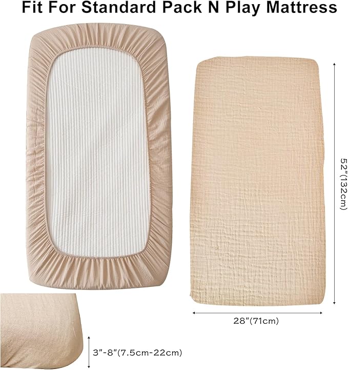 BuLuTu 100% Cotton Muslin Fitted Mini Crib Sheets 38"x26", 2 Pack, Mini Portable Fitted Crib Sheets for Boys Girls Mattress Sheet for Pack N Play, Beige & Green