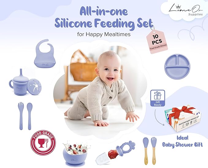 Silicone Baby Feeding Set, 10 Pcs Baby Led Weaning Supplies | BPA-Free Baby Dishes with Toddler Plates and Bowls Set, Silicone Bib, Suction Cup, Baby Spoons & Forks | Empower Independence – Gray