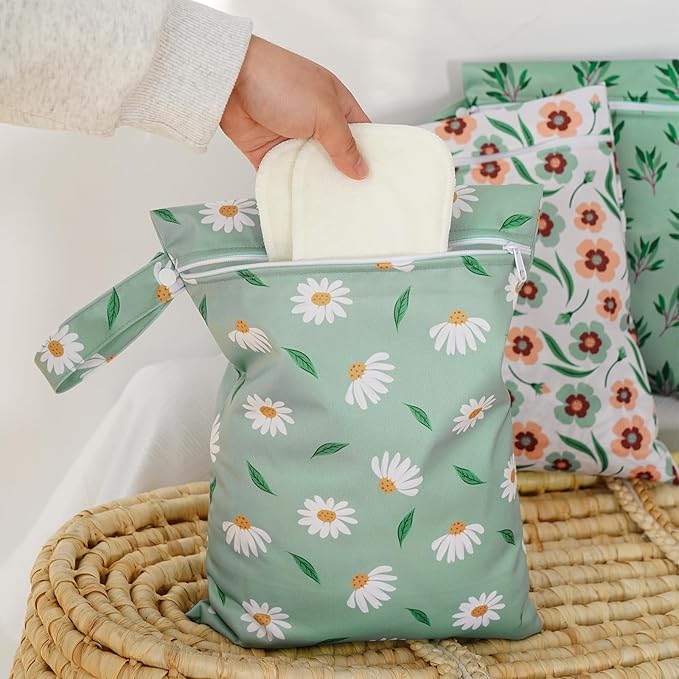 Happy Flute 3 Set Wet Bag Storage Bag Zipper Waterproof Washable Travel Bags, Beach, Pool, Gym Bag for Cloth Diaper, Swimsuits & Wet Clothes for Baby,11.8x15.7inch (Daisy)