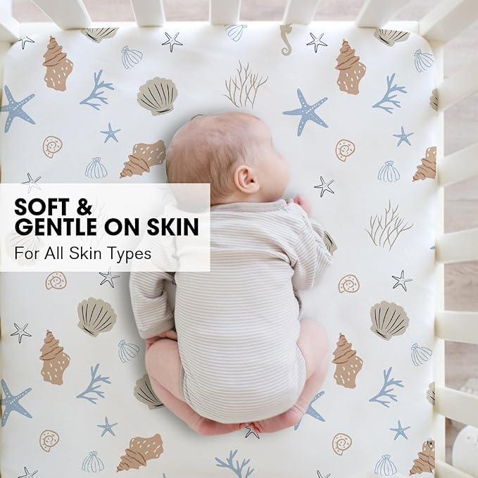 Little Grape Land Crib Sheets 2 Pack, Microfiber Fitted Crib Sheet for Standard Crib Mattress 52"x28"x8", Soft and Neutral Baby Crib Sheets for Boys and Girls, Breathable & Easy Care, Seashell Haven