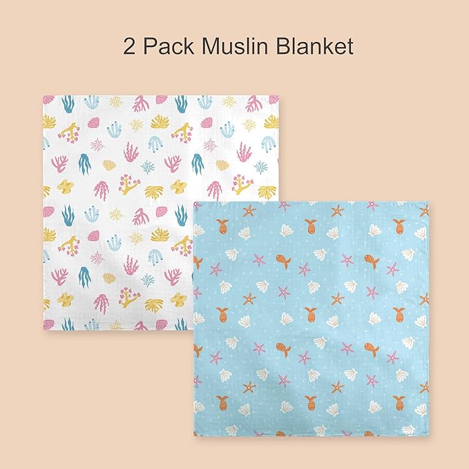 2-Pack Seashell Print Baby Swaddle Blankets, Soft & Breathable Muslin Swaddle for Newborns, 47 x 47 Inches, Unisex