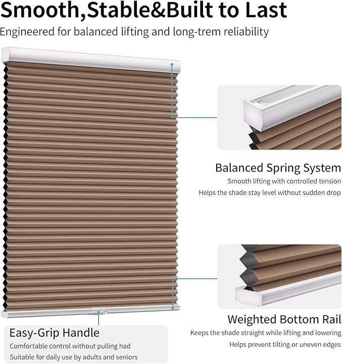 MYshade Cordless Blackout Cellular Shades for Windows, Honeycomb Window Shades with Thermal Insulation, Child & Pet Safe Room Darkening Shade, Easy Install,20" W x 50" H, Light Brown