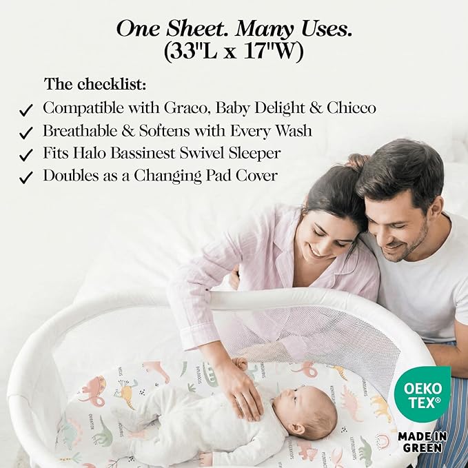 100% Organic Cotton Bassinet Sheets 3-Pack - Fits Baby Delight, Halo Bassinest Swivel Sleeper, Graco & Chicco Bassinet Mattress - Breathable Fitted Bedside Sleeper Sheets for Girls & Boys (33"x17")