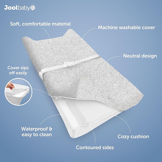 Jool Baby Serenity Soft Changing Pad + Washable Cover, Non-Slip - Fits Standard Changing Tables & Dressers (Wave Pattern, Gray)