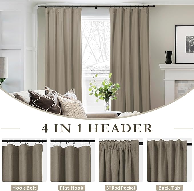 ChadMade Rod Pocket Back Tab Hook Belt Flat Hooks Blackout Curtains 96 Inches Long, Privacy Protection Window Treatments for Living Room Bedroom, Light Brown, 2 Panels, 50 W x 96 L Inch