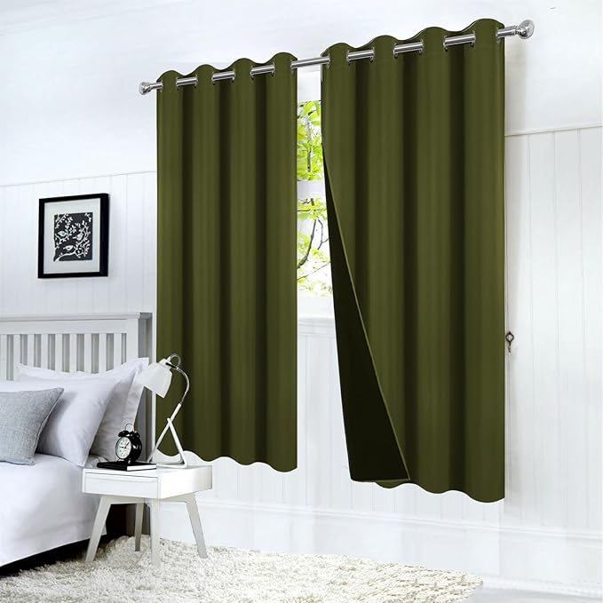LEMOMO 100% Blackout Curtains 52 x 63 Inch Olive Green Curtains 2 Panels Darkening Thermal Insulated Bedroom Curtains