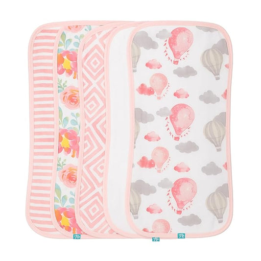 Featherhead™ 5-Pack Muslin Burp Cloths for Baby Girl Large 22" X 11" - Ultra Soft & Extra Absorbent Cotton Terry Backing (Garden Floral)