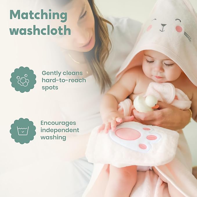 CuddleBug Premium Hooded Baby Bath Towel & Washcloth Set (Bunny) - 100% Cotton Terrycloth Hooded Baby Towels for Newborn & Toddler, Super-Soft & Absorbent, Newborn Essentials (30" x 30") - Blush Pink