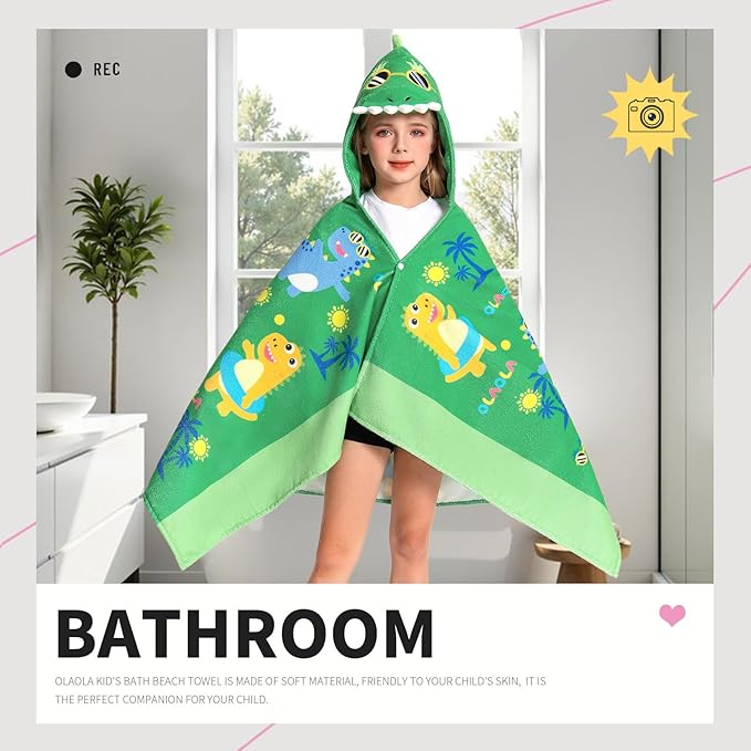 OLAOLA Dinosaur Beach Hooded Towel for Kids 3-12 Years, Soft Thick Absorbent Beach Towels, Toddler Bath Towel Wrap 28" x 53", Swim Pool Towels Poncho for Boys Girls