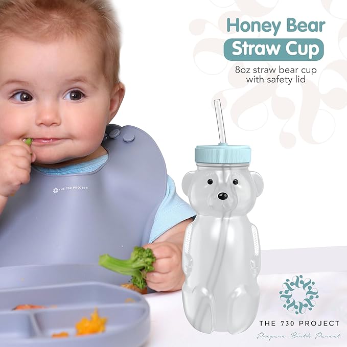 The 730 Project Honey Bear Straw Cup for Babies, 8-oz Honey Bear Cup with Lid, 3-Pack Therapy Learning Honeybear Straw, Baby Bottle Set, Blizzard AQUA