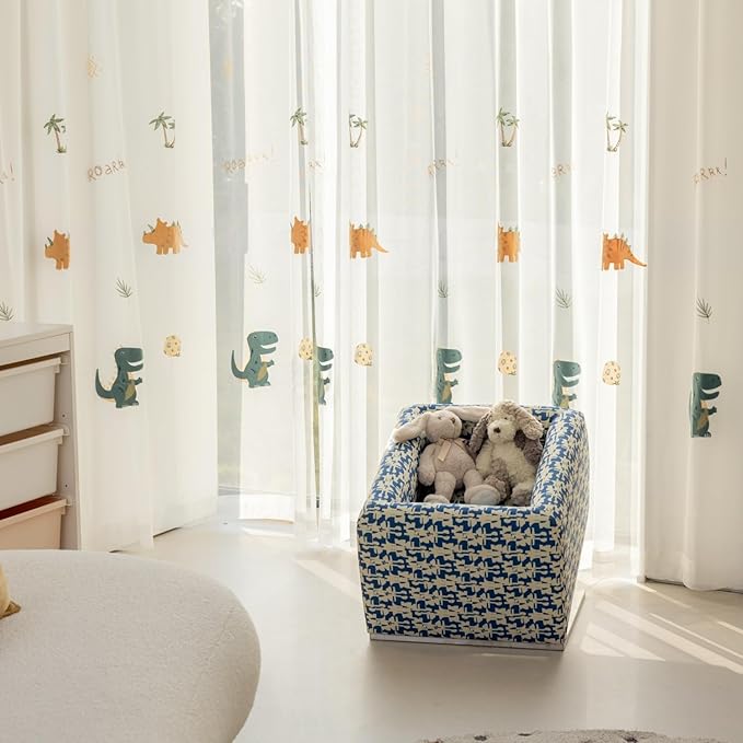 KMSG Cartoon Dinosaur Sheer Kids Curtains Embroidery Voile Drapes Nursery Curtains for Children Boys Baby Bedroom Living Room Light Filtering Window Tratement Grommet Top 1 Panel W52 x L84 Inch