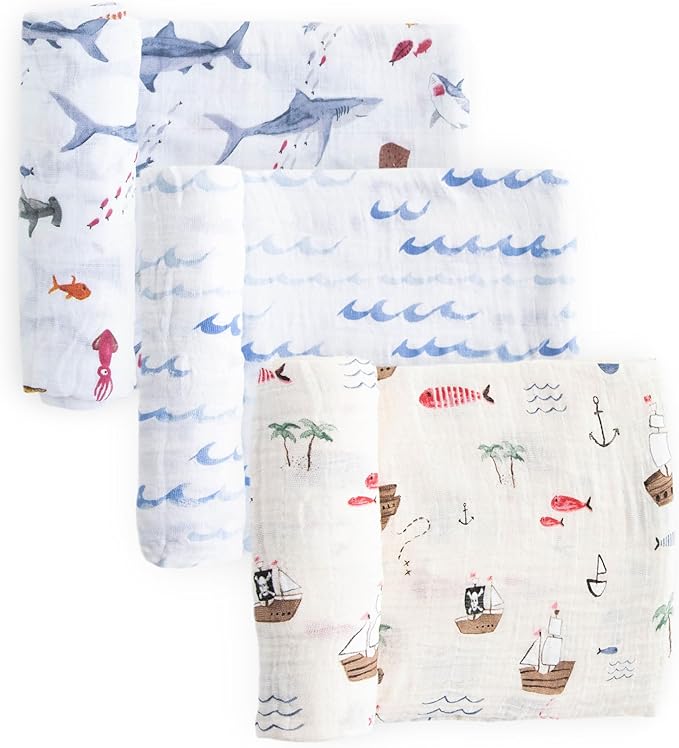 Little Unicorn Muslin Swaddle Blanket for Newborns & Infants | Soft & Breathable Fabric | Set of 3 Baby Blankets for Swaddling, Nursing, Shower Gifts (Shark)