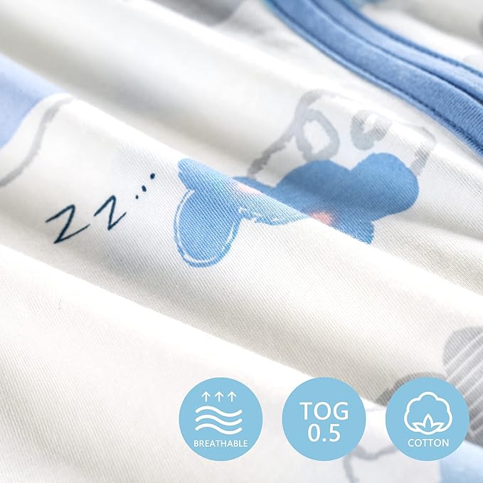 TILLYOU 2 Pack Baby Sleep Sack 18-24 Months 100% Cotton Wearable Blanket 0.5 TOG Sleeveless Summer Sleep Sacks with 2-Way Zipper, Small Cloud & Blue