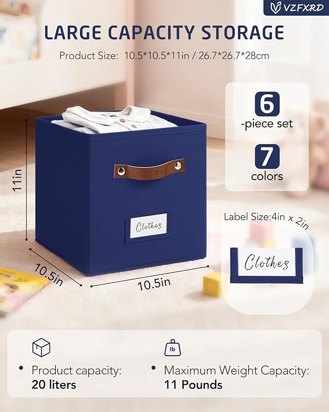 10.5 Inch Storage Cubes with Labels, 6-Pack Non-Woven Fabric Bins with Handles, Foldable Organizer for Closet, Shelf, Bedroom, Home Organization (Blue)