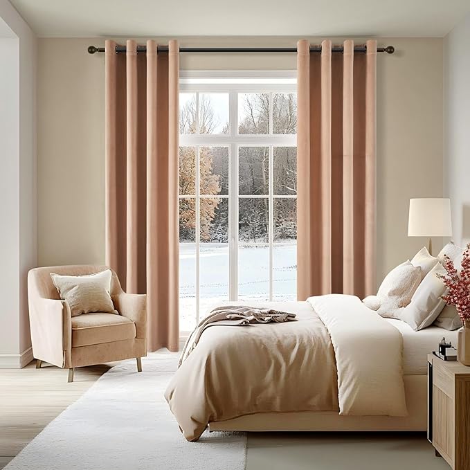 Topfinel 102 Inches Long Custom Blackout Velvet Curtains,Beige Blush Soundproofing Pleated Noise Cancelling Grommet Curtains for Traverse Rods,Viral Drapes 2 Panels for Living Room