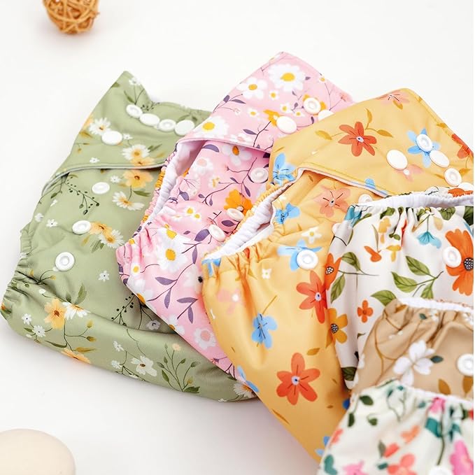 CoolaPeach 12 Set Reusable Adjustable Cloth Diapers for Newborn to 0-3 Years,One Size Washable Pocket Nappy Covers for Baby Girl and Boy,6 Pack Cloth Diapers+6pcs Microfiber Inserts (NCP05)