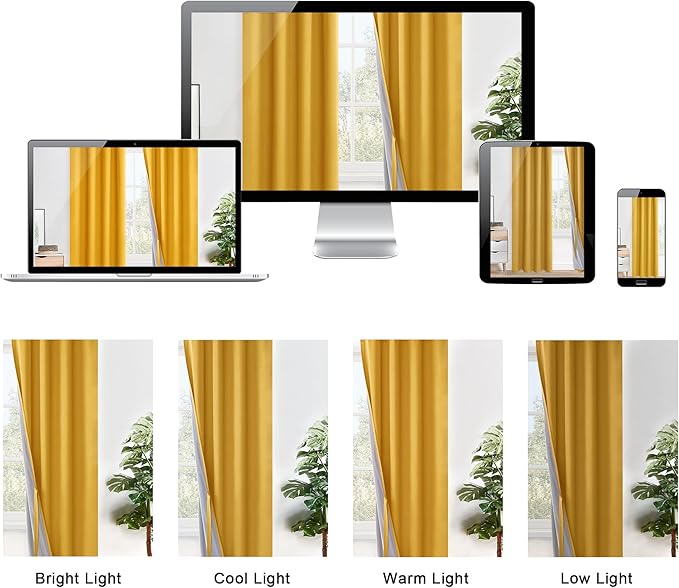 XWZO Full Shading Blackout Curtains 84 Inches Length - Heat and Light Blocking Ring Top Window Drapes with Black Liner Backing for Bedroom, Tiebacks Sewn, Yellow, W42 x L84, Set of 2 Panels
